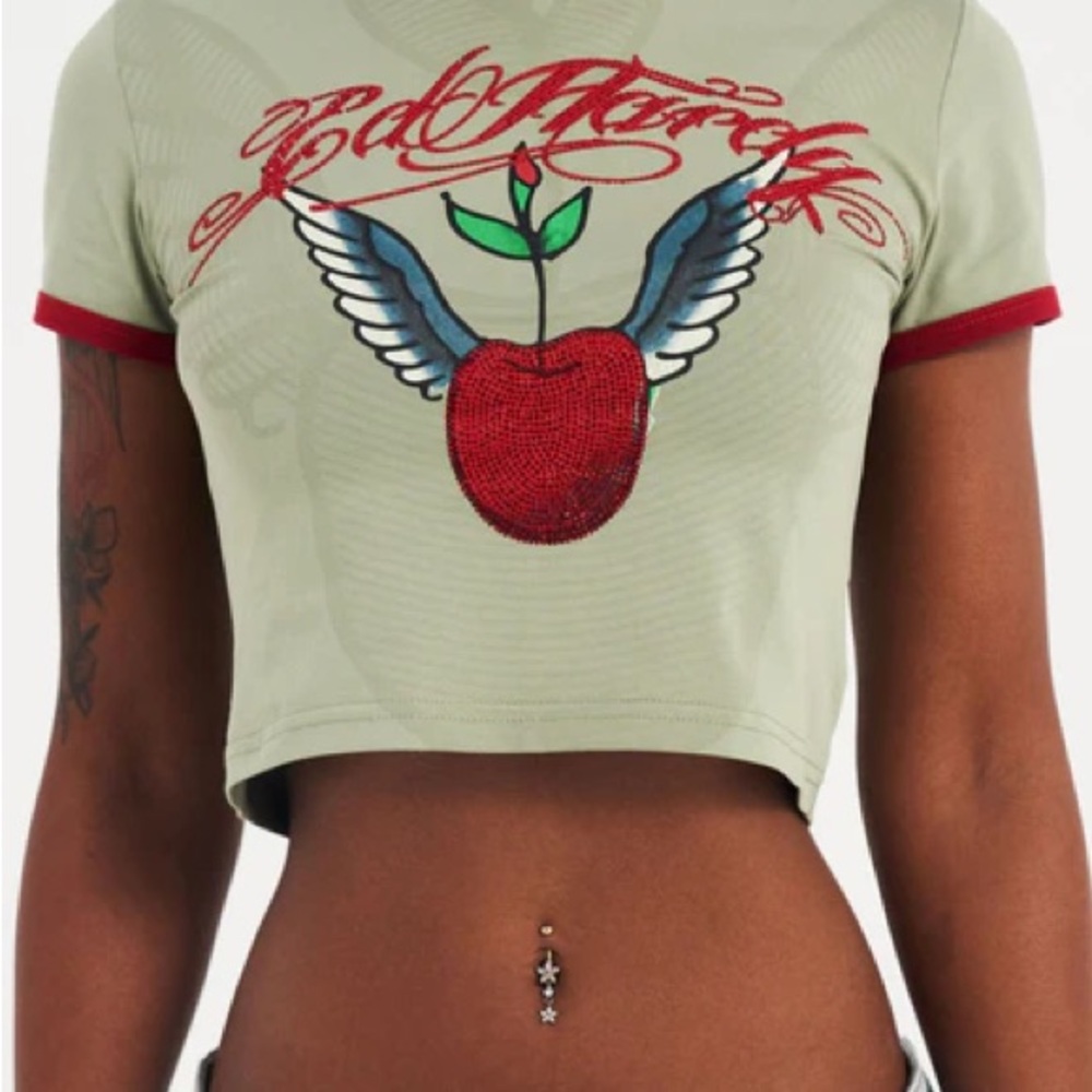 Ed Hardy Europe Cherry Love Bomb Baby Tee With Diamante Applique Size XS